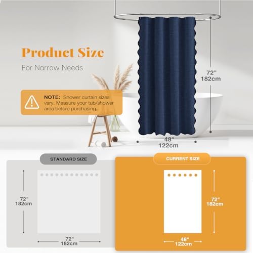 BTTN 48x72 Boho Scalloped Linen Textured Cloth Shower Curtain, Navy Blue