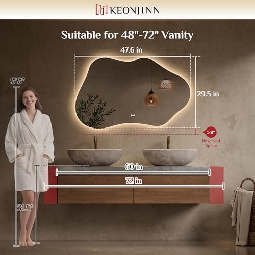 Keonjinn 48 x 30 Inch Irregular Backlit Bathroom Mirror, HD Tempered Glass