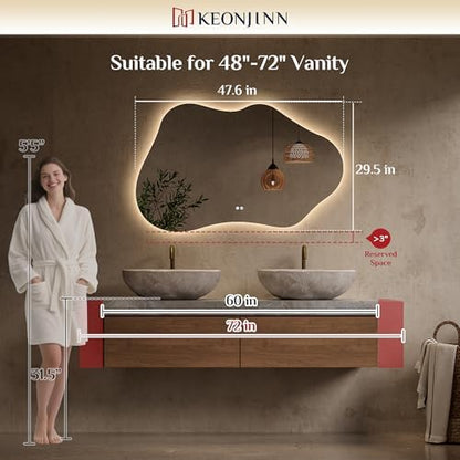 Keonjinn 48 x 30 Inch Irregular Backlit Bathroom Mirror, HD Tempered Glass