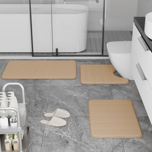 RUN HELIX Memory Foam Bath Mat Set 3 Piece, Soft and Comfortable, Super Water Absorption, Non-Slip, Thick, Machine Wash, Easier to Dry for Bathroom Floor Rug, Beige Toilet Rug Bathroom Set