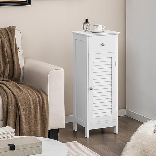GIANTEX Bathroom Floor Storage Cabinet with Louvered Door and Drawer, White