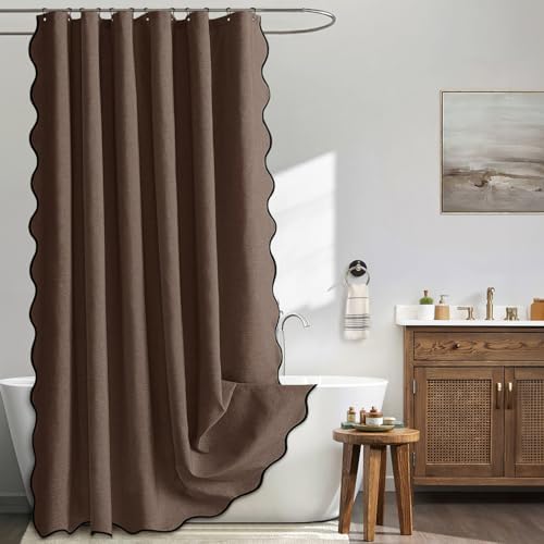 MIULEE Brown Extra Long Scalloped Linen Shower Curtain 72x80 Inches
