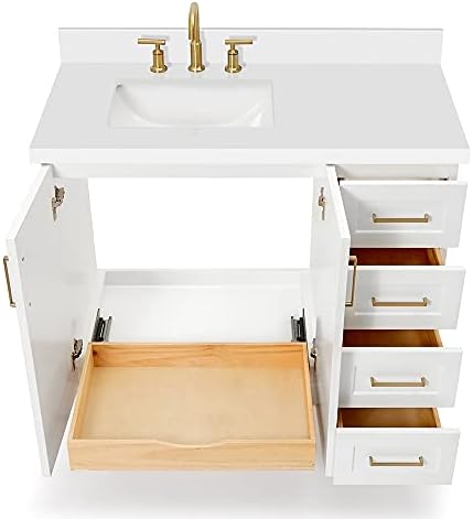 ARIEL Taylor 42-inch Bathroom Vanity with Sink,Solid Wood, 1.5-inch Pure White Quartz Countertop & Backsplash, Single Rectangular Porcelain Sink, 2 Soft Closing Doors, 5 Dovetail Drawers, White