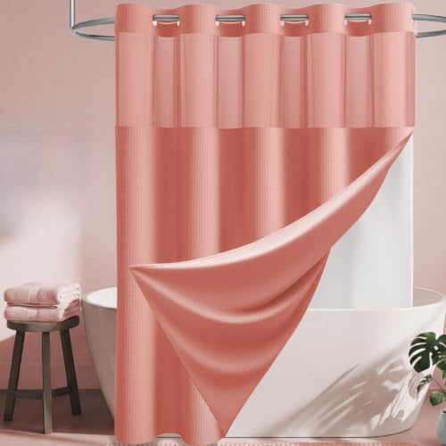 Dynamene Coral Hook Free Waffle Shower Curtain & Snap-in Fabric Liner,72x81