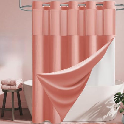 Dynamene Coral Hook Free Waffle Shower Curtain & Snap-in Fabric Liner,72x81