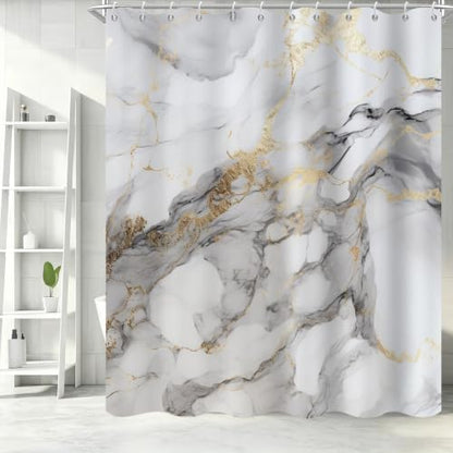 Grey Marble Shower Curtain Modern Abstract Luxury Gold Ink Texture Gray Ombre Watercolor Bathroom Curtain Set with Hooks Soft and Lightweight Waterproof Fabric Machine Washable 36" Wx72 L