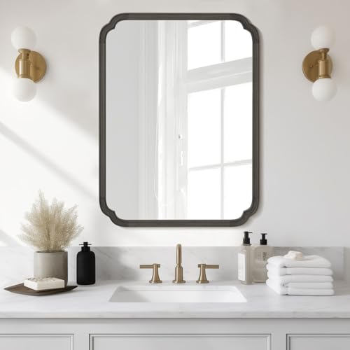WallBeyond 28" x 40" Rounded Corner Arch Wall Mirror with Wood Frame for Entryway, Living Room or Bedroom Home Decor - Light Woodgrain [28 x 40 inches, Black]