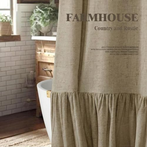 Farmhouse Shower Curtain Ruffle Linen Flax Khaki 72" W x 72" L