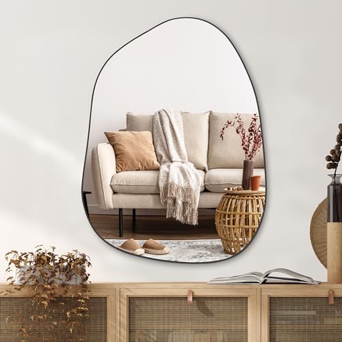 PERFNIQUE Irregular Asymmetrical Wall Mirror, 32"x24" Black Bathroom Mirror