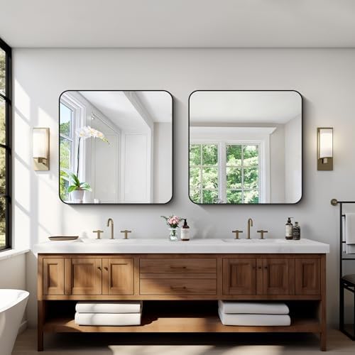 Black Bathroom Mirrors for Wall, 30"x30" Square Mirror, Rounded Corner Metal Frame Wall Mirror, Bathroom Vanity Mirror for Bedroom Living Room Entryway Horizontal Or Vertical Mounting