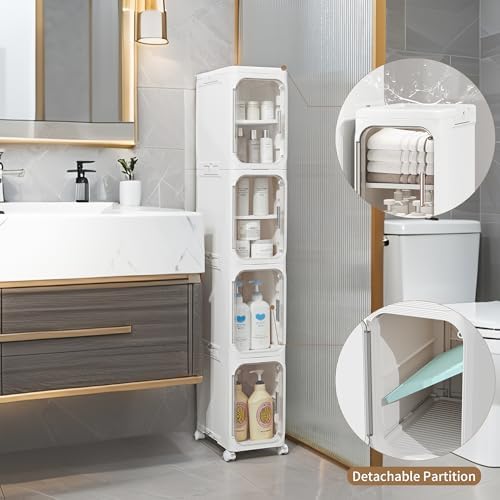 4-Tier Narrow Storage Cabinet Slim Bathroom Tall Skinny Organizer,White