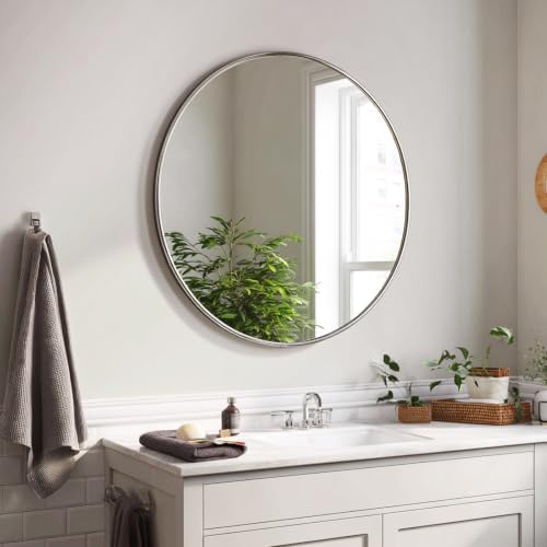 Sunniry Big Circle Mirror 34 inch, Nickel Round Mirror, Brushed Metal Frame
