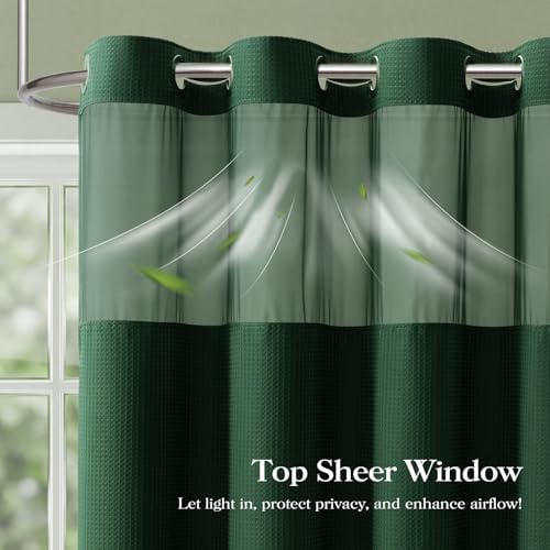 Dynamene Dark Green Hook Free Waffle Shower Curtain & Snap-in Liner,72x75
