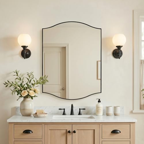 ANDY STAR Scalloped Bathroom Mirror，24"x32" Black Rectangle Wall Mirror with Curved Edge Stainless Steel Metal Frame, Irregular Vanity Wall-Mounted Mirror for Bathroom, Entryway