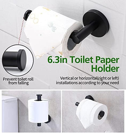 5pcs Bathroom Hardware Set, Matte Black Bathroom Hardware Set, Including 16" Hand Towel Bars, Toilet Paper Holders, Towel Rings, Robe Towel Hooks
