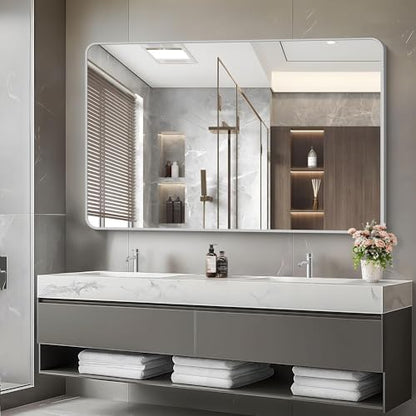 55x36 Inch Silver Bathroom Mirror, Large Rectangular Vanity Mirror, Metal Framed Rectangle Mirror, Rounded Corner Wall Mounted Mirrors for Living Room Bedroom Entryway Horizontal or Vertical