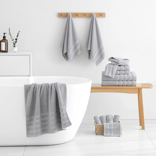 16-Piece Bath Towels Set, 100% Cotton Thick Soft Highly Absorbent Durable, Quick Dry, Bathroom Towels Set (4 Bath Towels, 4 Hand Towels, 8 Washcloths) - Perfect for Daily Use