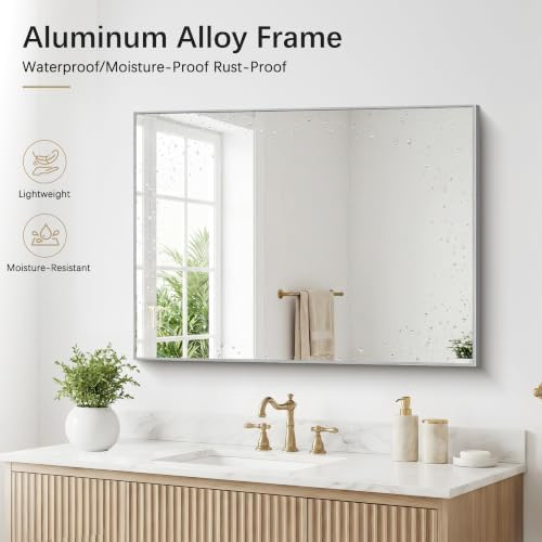 DESBING 30" x 40" Bathroom Mirror, Silver Metal Frame Wall Mirror