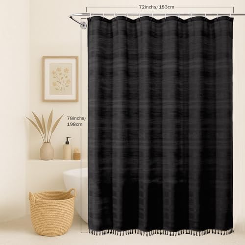 OVZME Black Shower Curtain 78 Inch Long, Boho Farmhouse Thick Linen Textured Fabric Shower Curtain with Tassel, Minimalist Striped Weighted Machine Washable Bathroom Decor, 72Wx78L Inches