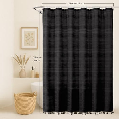 OVZME Black Shower Curtain 78 Inch Long, Boho Farmhouse Thick Linen Textured Fabric Shower Curtain with Tassel, Minimalist Striped Weighted Machine Washable Bathroom Decor, 72Wx78L Inches