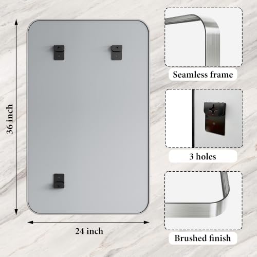 Silver Bathroom Mirrors for Over Sink,24X36 Inch Matte Metal Framed Vanity Rounded Rectangle Vanity Mirror, HD Tempered Glass, Anti-Rust, Horizontally or Vertically Hanging