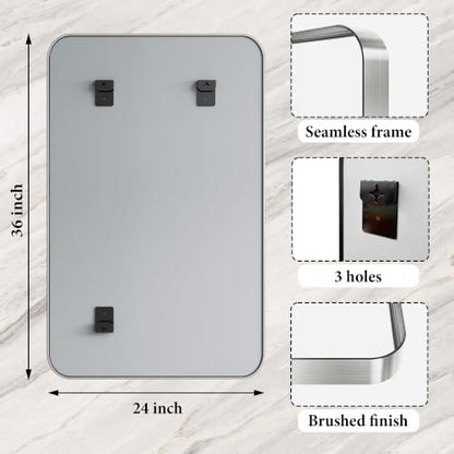 Silver Bathroom Mirrors for Over Sink,24X36 Inch Matte Metal Framed Vanity Rounded Rectangle Vanity Mirror, HD Tempered Glass, Anti-Rust, Horizontally or Vertically Hanging