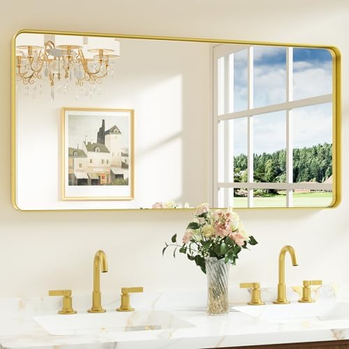Keonjinn 48 x 24 Inch Brushed Gold Bathroom Mirrors for Over Sink