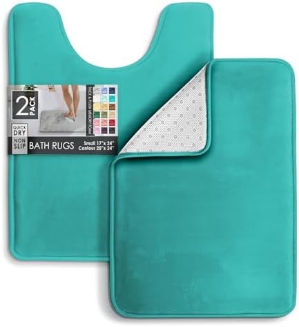 Clara Clark 2 Piece Bathroom Rugs, Velvet Memory Foam Bath Mat Set, Non-Slip Bath Rugs, Machine Wash, Dries Quickly, Ultra Soft Plush Bath Mats for Bathroom, 17 x 24 + Contour, Teal Blue