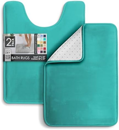 Clara Clark 2 Piece Bathroom Rugs, Velvet Memory Foam Bath Mat Set, Non-Slip Bath Rugs, Machine Wash, Dries Quickly, Ultra Soft Plush Bath Mats for Bathroom, 17 x 24 + Contour, Teal Blue