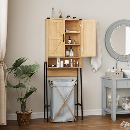 Vabches Over The Toilet Storage Cabinet with 2-Door Design Bathroom Organizers and Storage with Anti-Tip Device Over Toilet Organizer with Shelves for Bathroom,Restroom,Laundry Natural