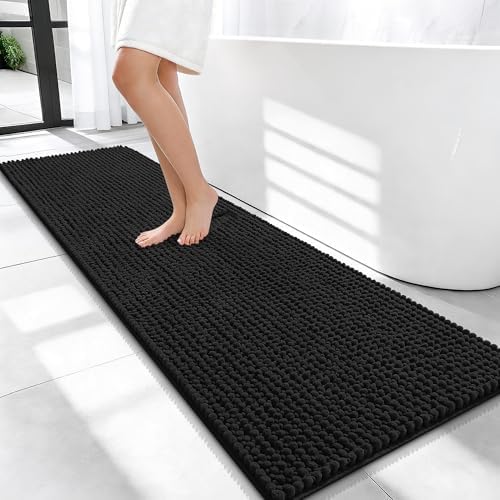 OLANLY Thick Chenille Bathroom Runner Rugs 59x20, Absorbent Bath Mat, Black