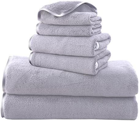 TENSTARS Luxury Silk Hemming Towel Set - Light Thin Quick Drying - 2 Bath Towels 2 Hand Towels 2 Washcloths - Ultra Soft Microfiber Towel for Bath Fitness, Sports, Yoga, Travel (Light Grey 6 Pieces)
