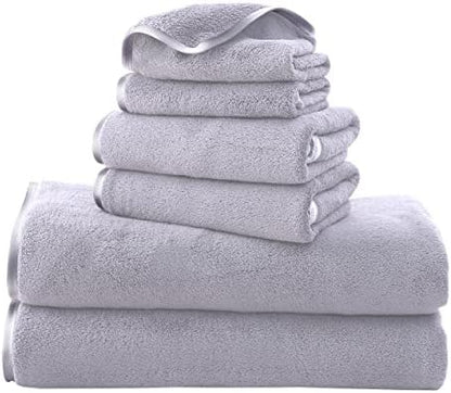 TENSTARS Luxury Silk Hemming Towel Set - Light Thin Quick Drying - 2 Bath Towels 2 Hand Towels 2 Washcloths - Ultra Soft Microfiber Towel for Bath Fitness, Sports, Yoga, Travel (Light Grey 6 Pieces)