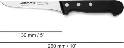 Arcos Boning Knife 5 Inch Nitrum Stainless Steel and 130 mm blade. Professional Butcher Knife to Slice Bones from Meat. Ergonomic Polypropylene Handle. Series Universal. Color Black.