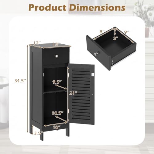 GIANTEX Bathroom Floor Storage Cabinet with Louvered Door and Drawer, Black