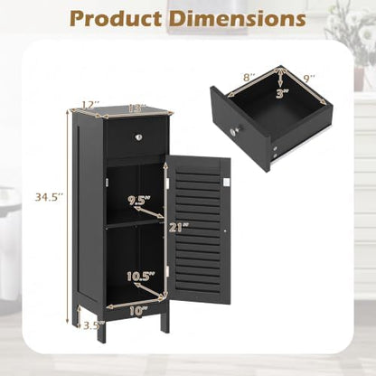 GIANTEX Bathroom Floor Storage Cabinet with Louvered Door and Drawer, Black