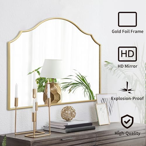 Besdomus Gold Scalloped Dresser Mirror: 35"x26" Wooden Bathroom Mirror