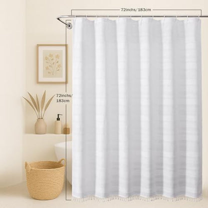 OVZME White Boho Shower Curtain 72 Inch Long, Modern Farmhouse Rustic Striped Fabric Shower Curtain with Tassel, Heavy Duty Vintage Country Bathroom Decoration, 72Wx72L Inches