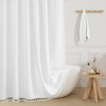 Boho Striped Tassel Linen Shower Curtain,3D Embroidery Stripe White,54x78