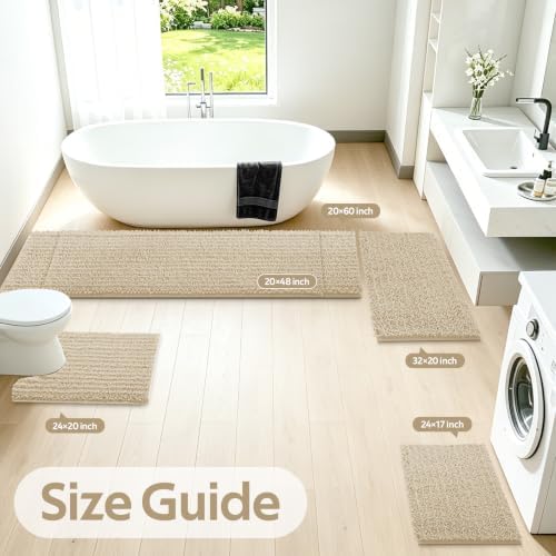 ACCUMTEK Upgrade Luxury 2 Piece Beige Toilet Bathroom Rug Mat 48"x20"+24"x17", Ultra Soft Thick Absorbent Bath Mats, Non Slip Chenille Toilet Mat for Bathroom, Bedroom, Kitchen, Shower, Tub