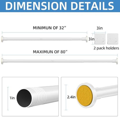 CorkLatta White Shower Curtain Rod,1 Inch Diameter Stainless Steel Adjustable Spring Tension Rods 32 to 80",with Holders,Anti-Slip,Curtain Rods No Drilling(1 Pack)
