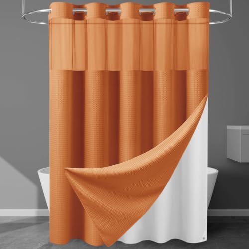 Heavyweight Waffle No Hook Shower Curtain with Liner, Burnt Orange, 71x74