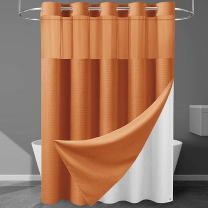 Heavyweight Waffle No Hook Shower Curtain with Liner, Burnt Orange, 71x74