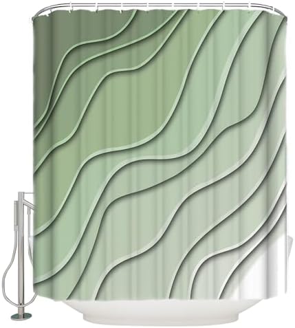 Shower Curtain Bathroom Set Gradient Sage Green Ocean Wave Line Waterproof Shower Curtains with Grommets Hooks Simple Striped Privacy Bath Curtain for Bathtub Decor 72x72in