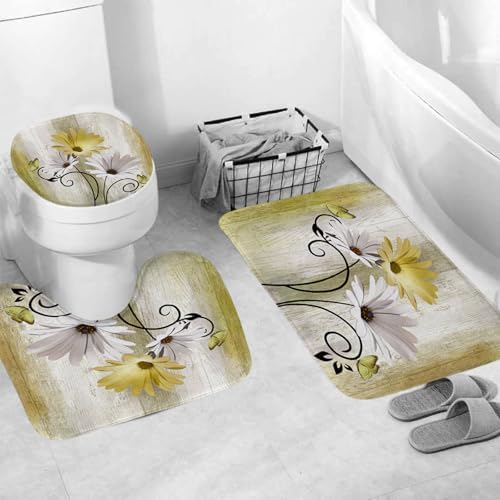 Onalasyc 4PCS Yellow Daisy Bathroom Sets with Shower Curtain and Rugs