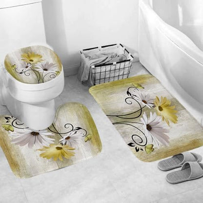 Onalasyc 4PCS Yellow Daisy Bathroom Sets with Shower Curtain and Rugs