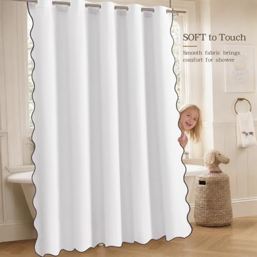 Furlinic Scalloped Linen White Shower Curtain No Hook Wide Fabric W78 x H75