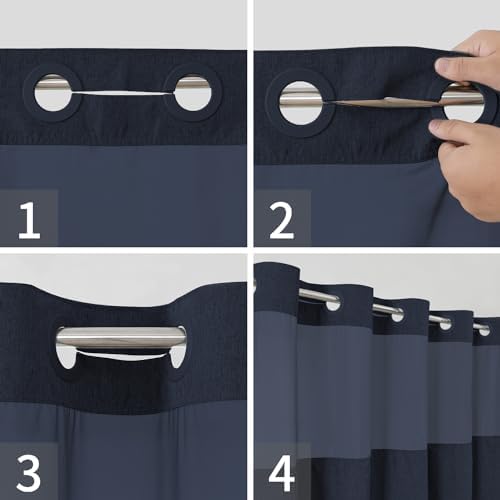 eachope No Hook Fabric Shower Curtain with Snap-in Liner,71x74 Navy Blue