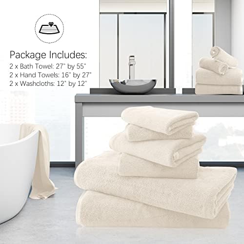 TENSTARS Luxury Silk Hemming Towel Set - Light Thin Quick Drying - 2 Bath Towels 2 Hand Towels 2 Washcloths - Ultra Soft Microfiber Towel for Bath Fitness, Sports, Yoga, Travel (Cream 6 Pieces)