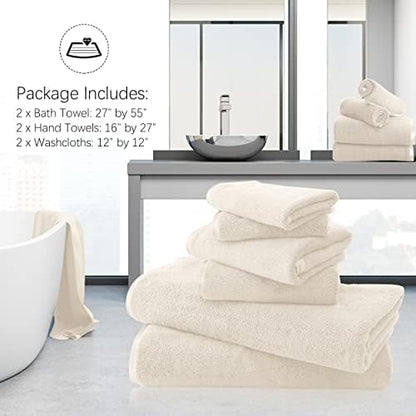 TENSTARS Luxury Silk Hemming Towel Set - Light Thin Quick Drying - 2 Bath Towels 2 Hand Towels 2 Washcloths - Ultra Soft Microfiber Towel for Bath Fitness, Sports, Yoga, Travel (Cream 6 Pieces)
